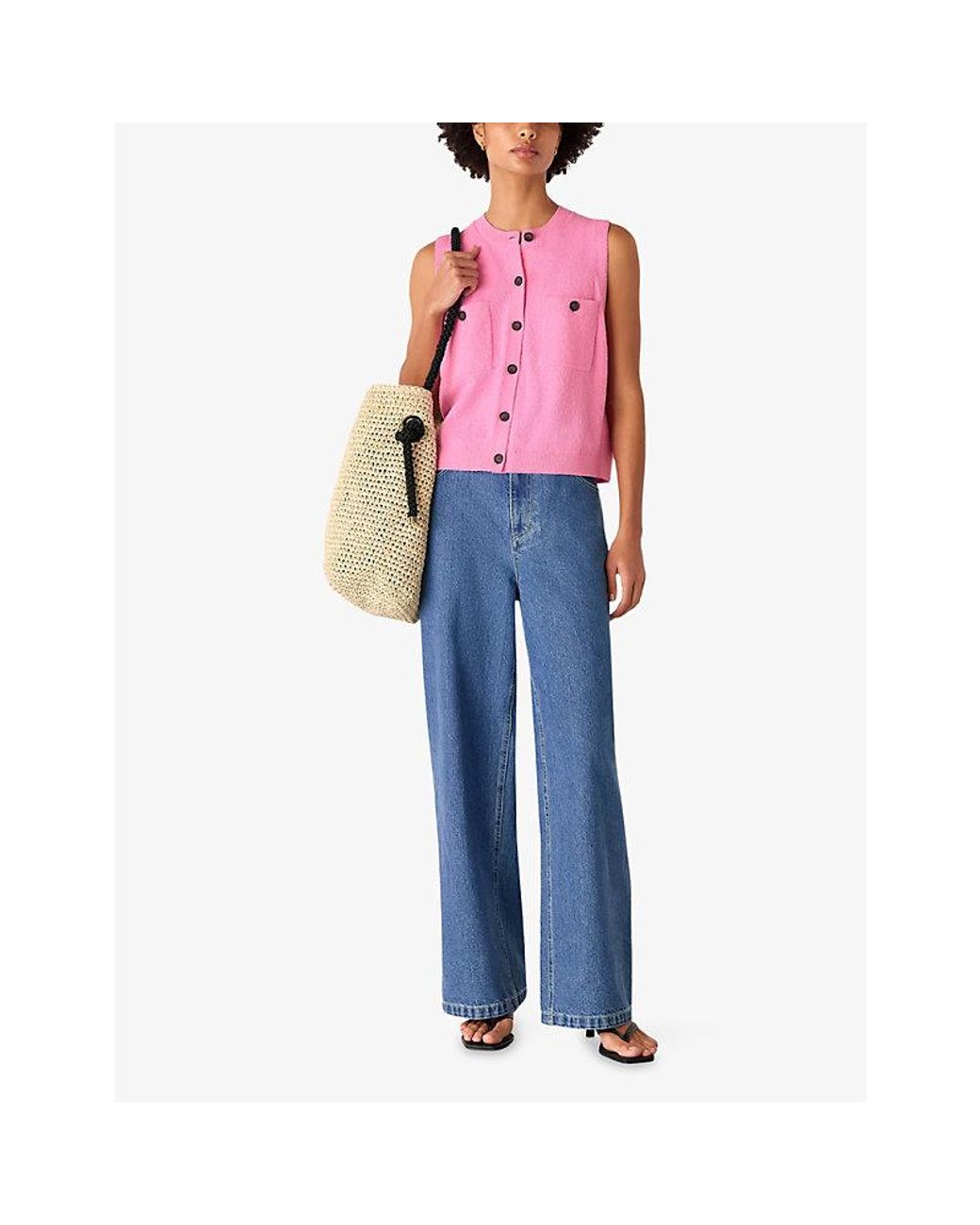 Whistles Pink Round-Neck Button-Down Textured Cotton-Blend Tank