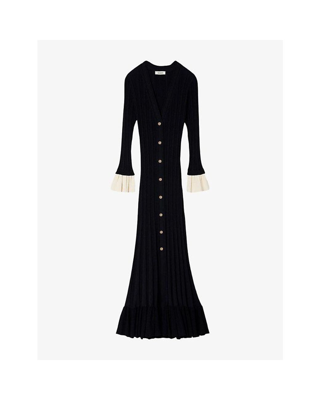 Sandro Blue V-Neck Contrast-Cuff Knitted Midi Dress