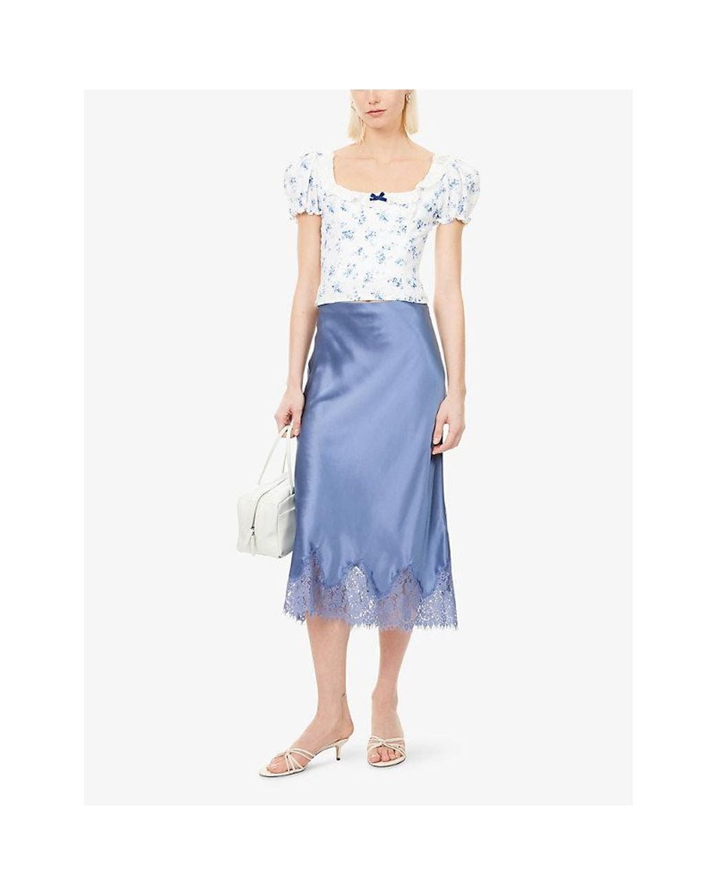 Reformation Blue Carolina Lace-Trim Silk Midi Skirt