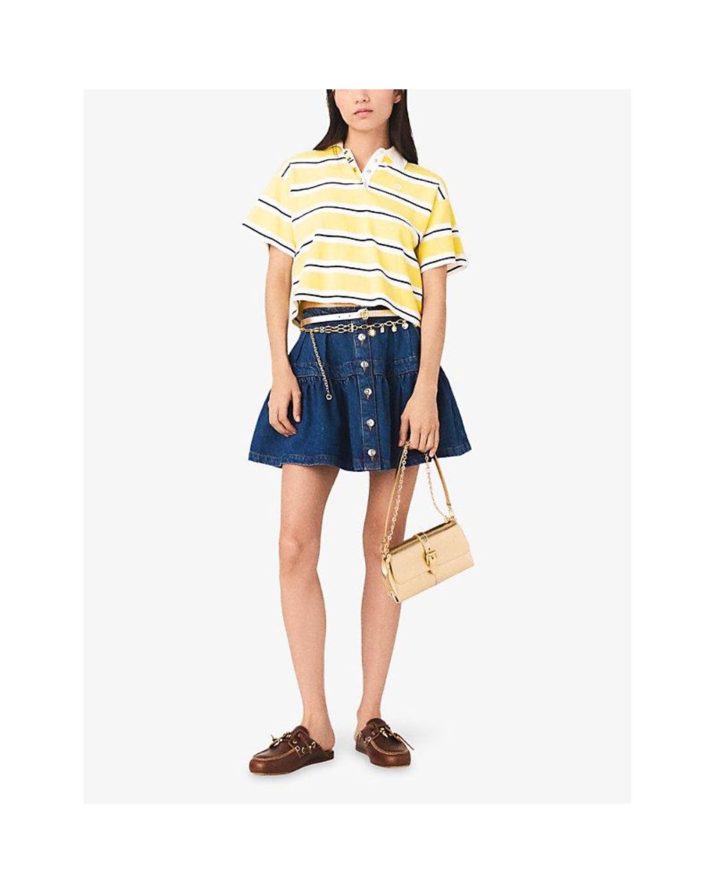 Maje Metallic Striped Cropped Knitted Polo Shirt