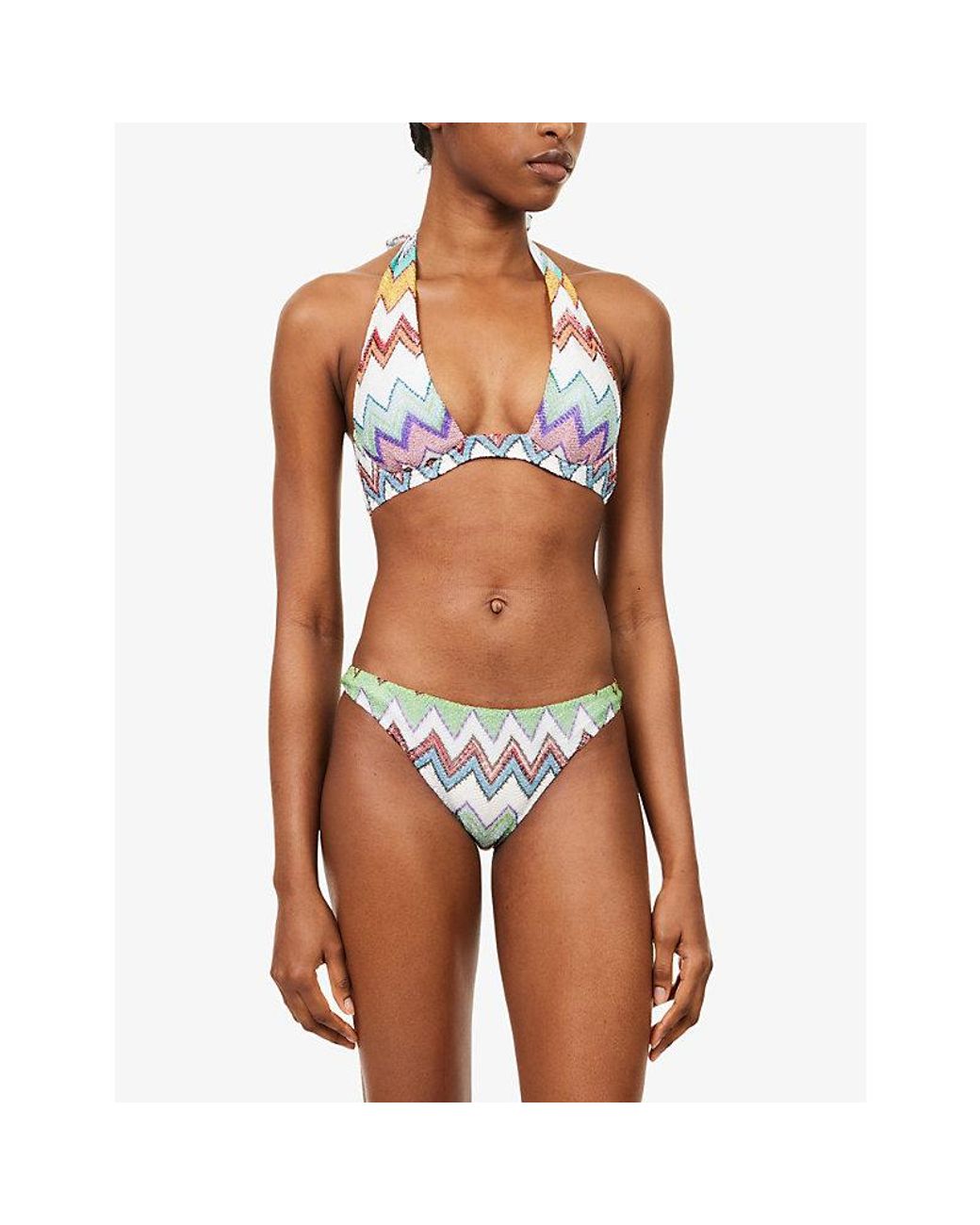 Missoni White Chevron-Pattern Halterneck Metallic-Knit Bikini Set