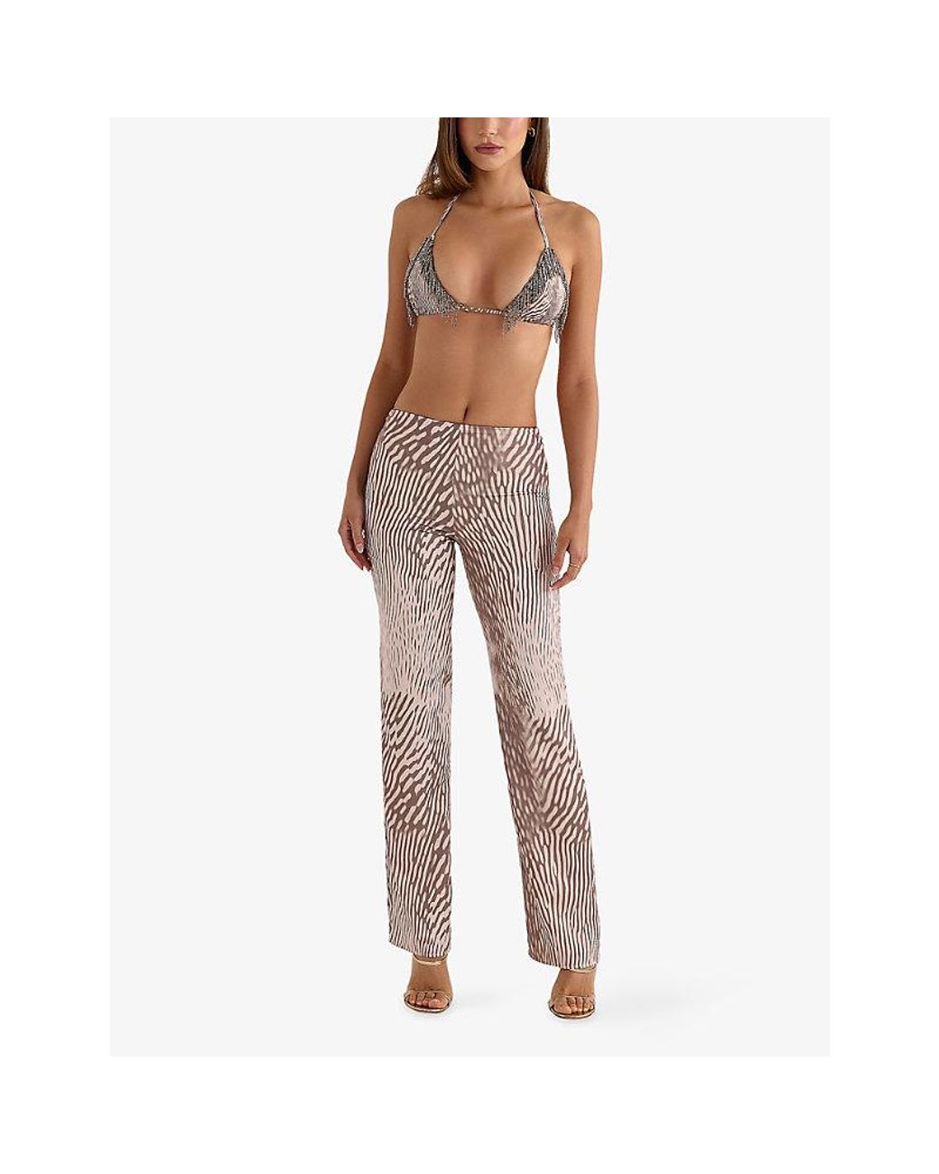 House Of Cb Brown Maren Anima-Print Satin Trousers Xs (A-C Cup)