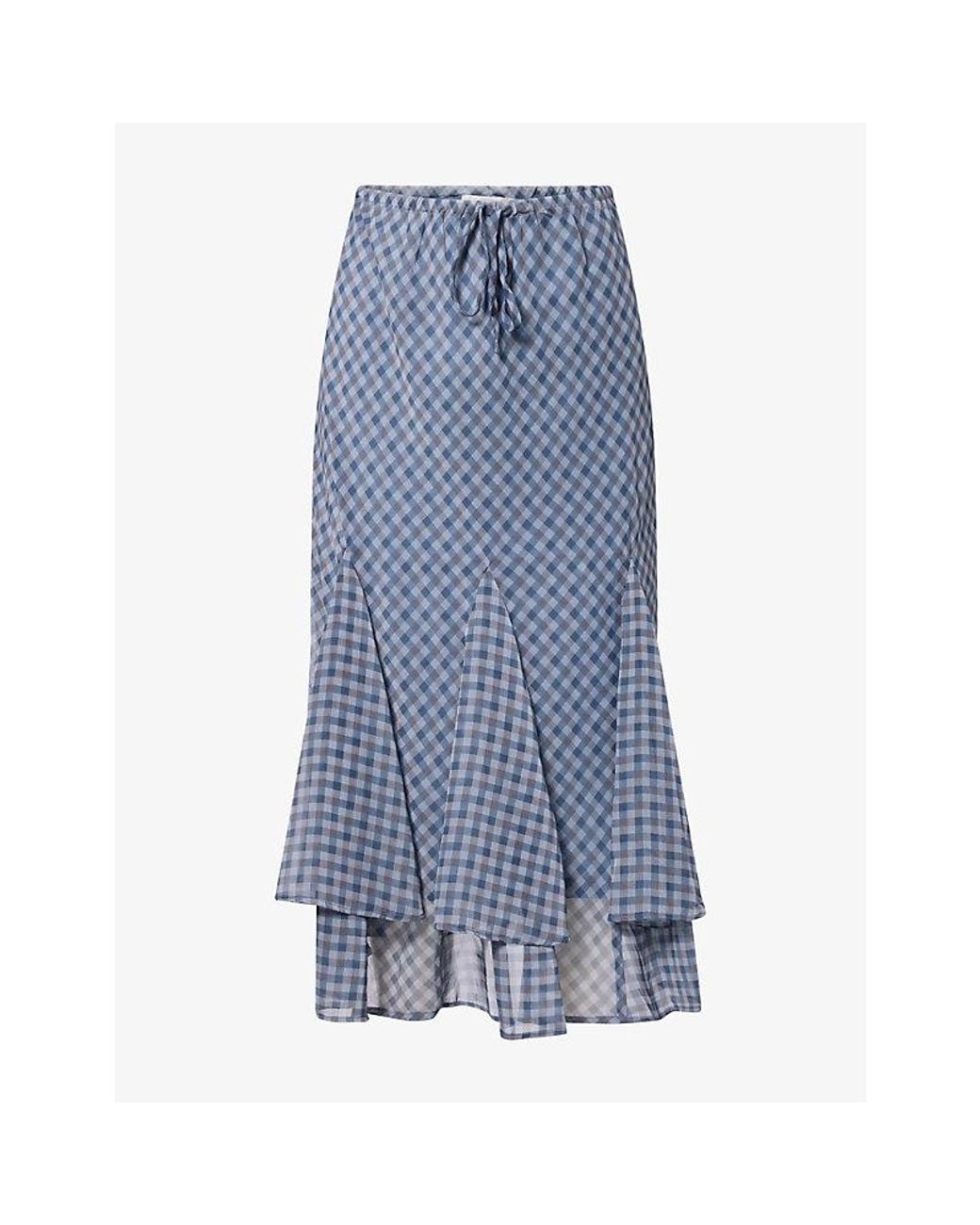 Damson Madder Blue Rida Check-Print Crepe Midi Skirt