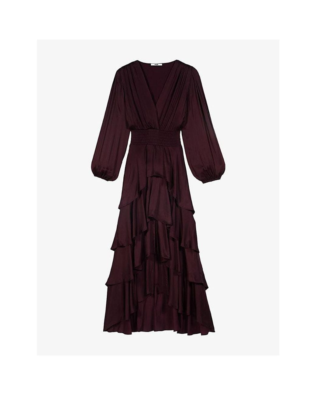 Maje Purple Ruffled Tie-Neck Woven Maxi Dress