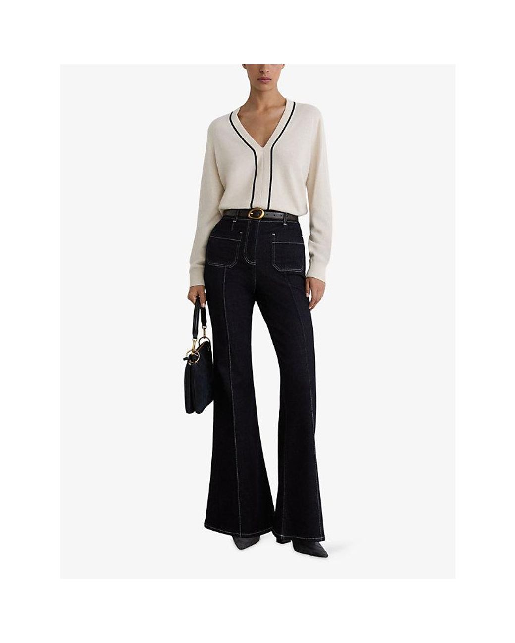 Reiss Natural Mila V-Neck Knitted Jumper