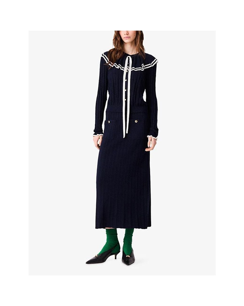 Maje Blue Button-Embellished High-Waist Knitted Midi Skirt