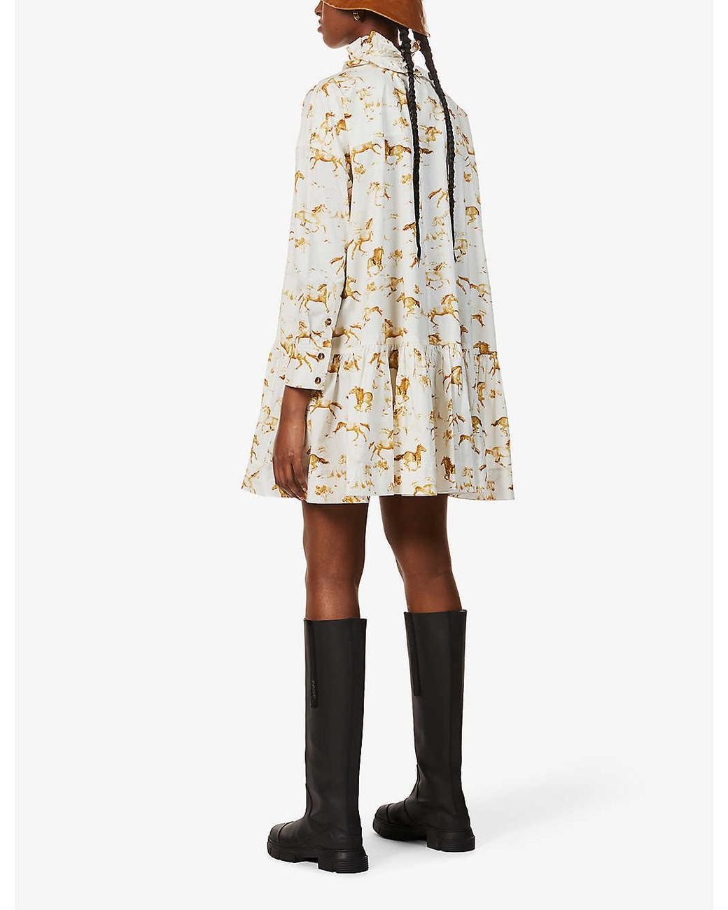 ♡ GANNI horse-print mini drees Ganni Horse-print Organic-cotton Poplin Mini Dress | Lyst