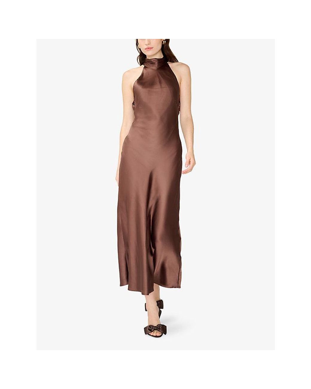 OMNES Brown Seychelles Open-Back Satin Midi Dress