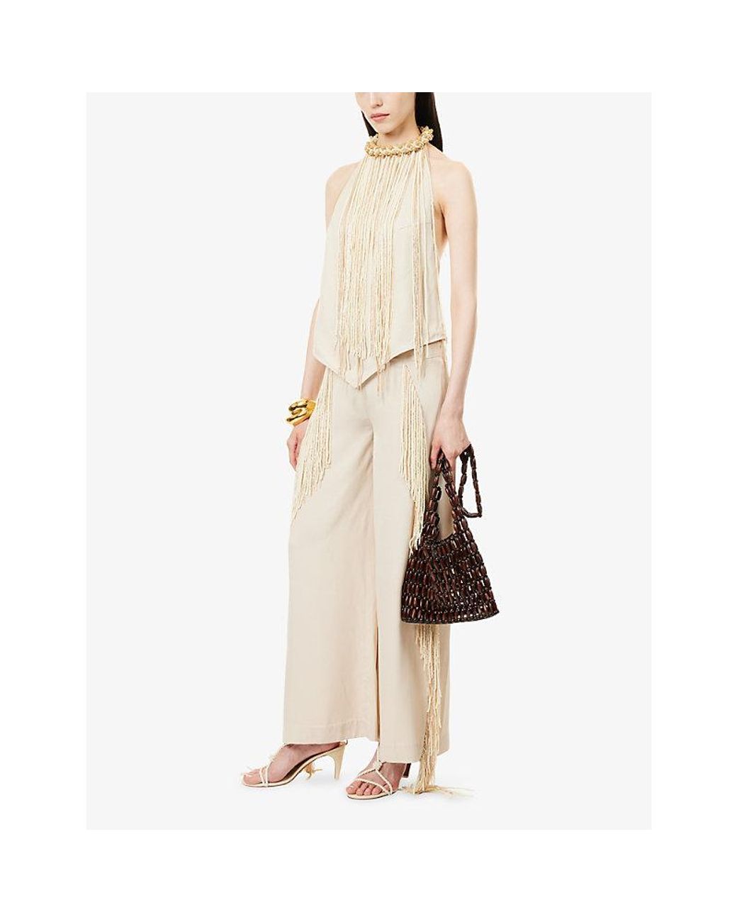 Rebirth Natural Beaded Fringe Woven Trousers