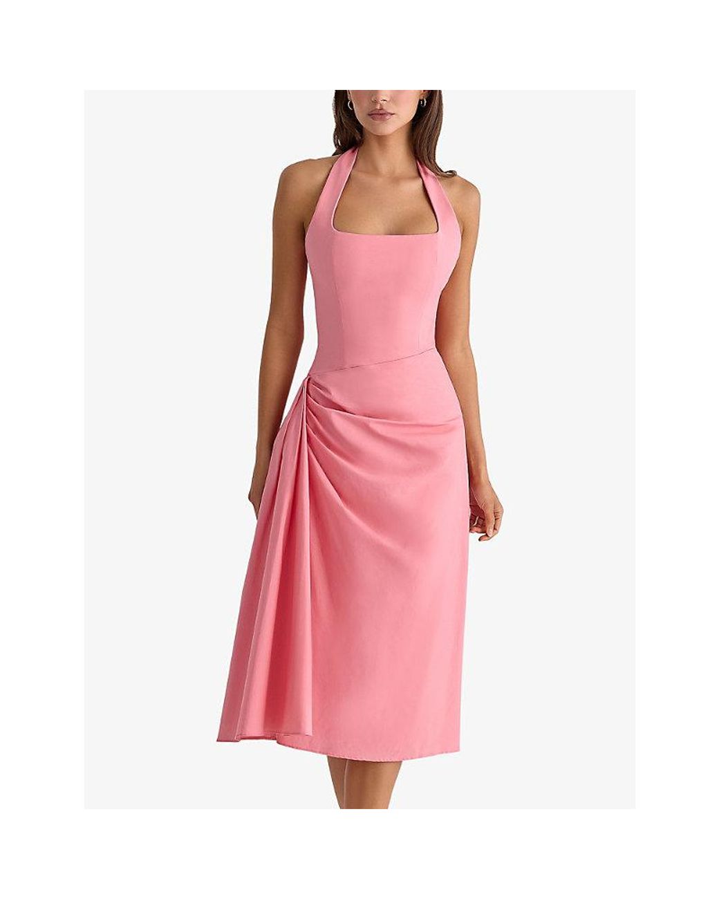 House Of Cb Pink Tallulah Halterneck Cotton Midi Dress Xs (A-C Cup)