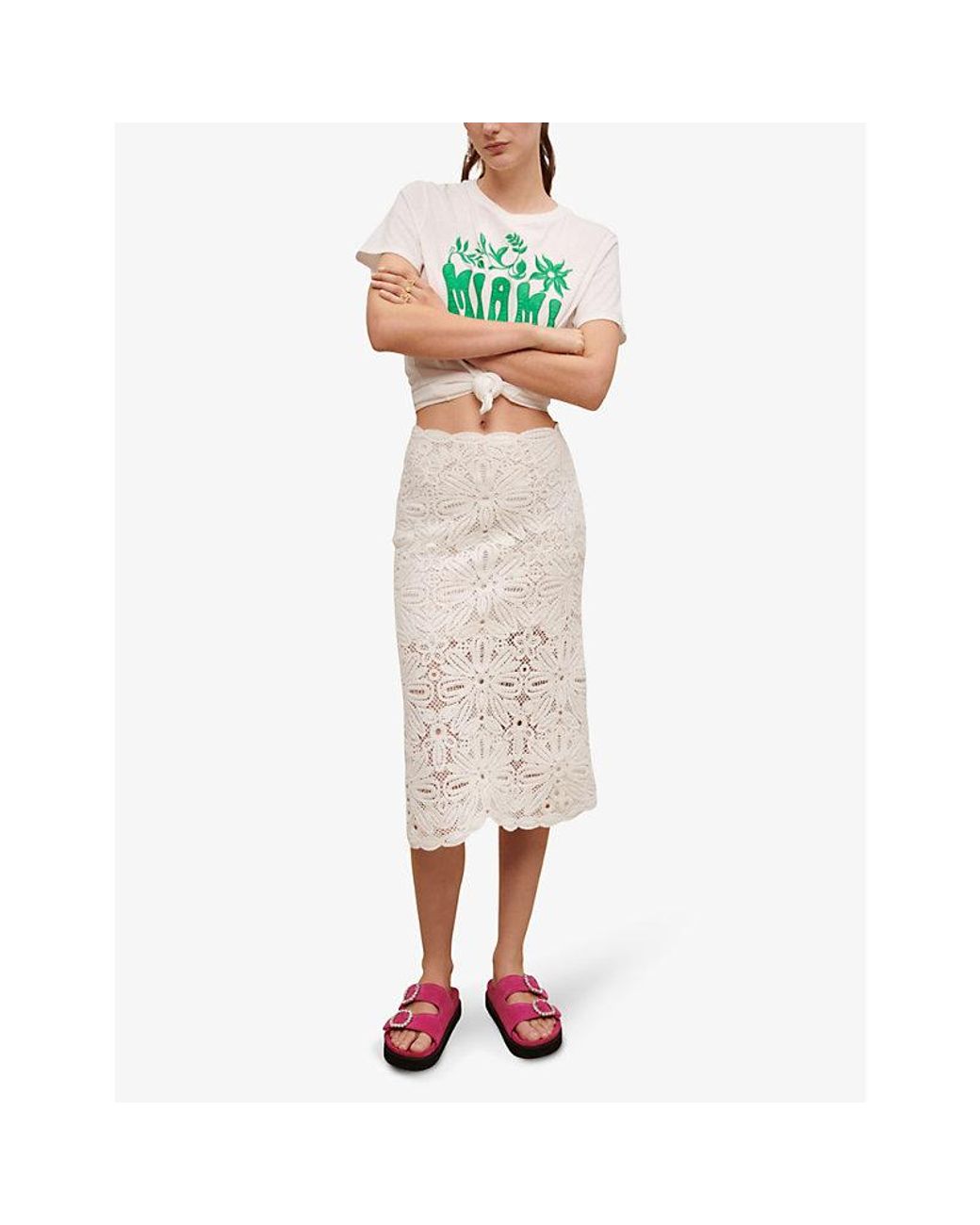 Maje Floral-embroidered Crochet And Lace Cotton Midi Skirt in White | Lyst