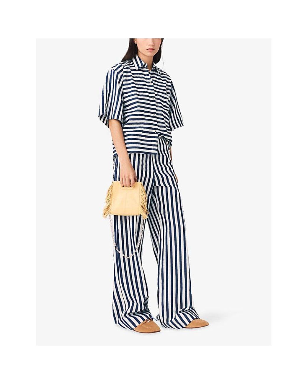 Maje Blue Striped Short-Sleeved Woven Shirt