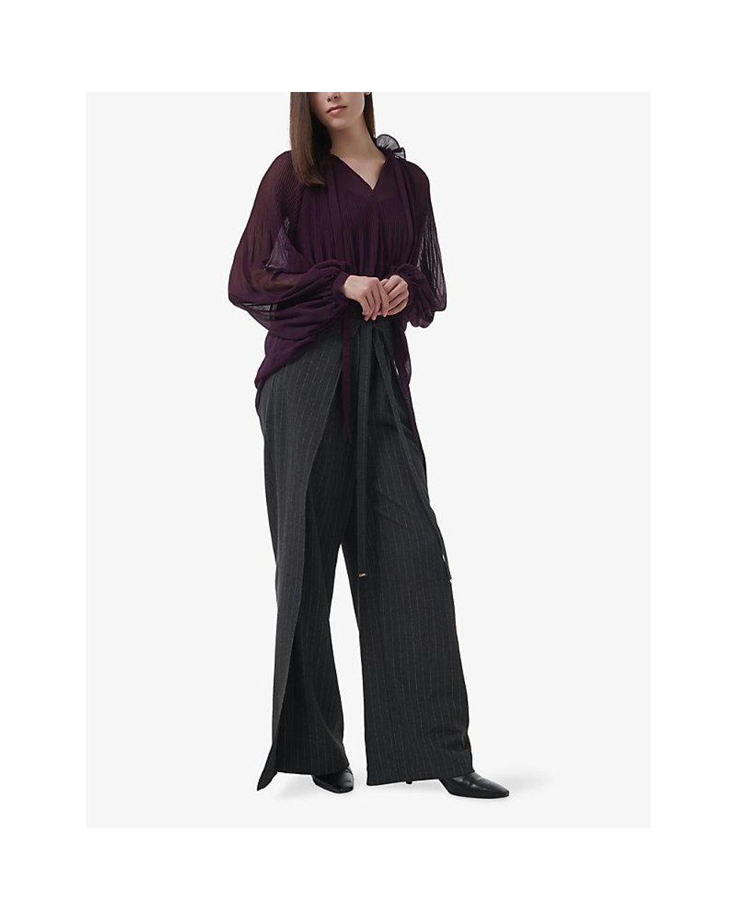 eem Purple Pleated Sheer Woven Blouse