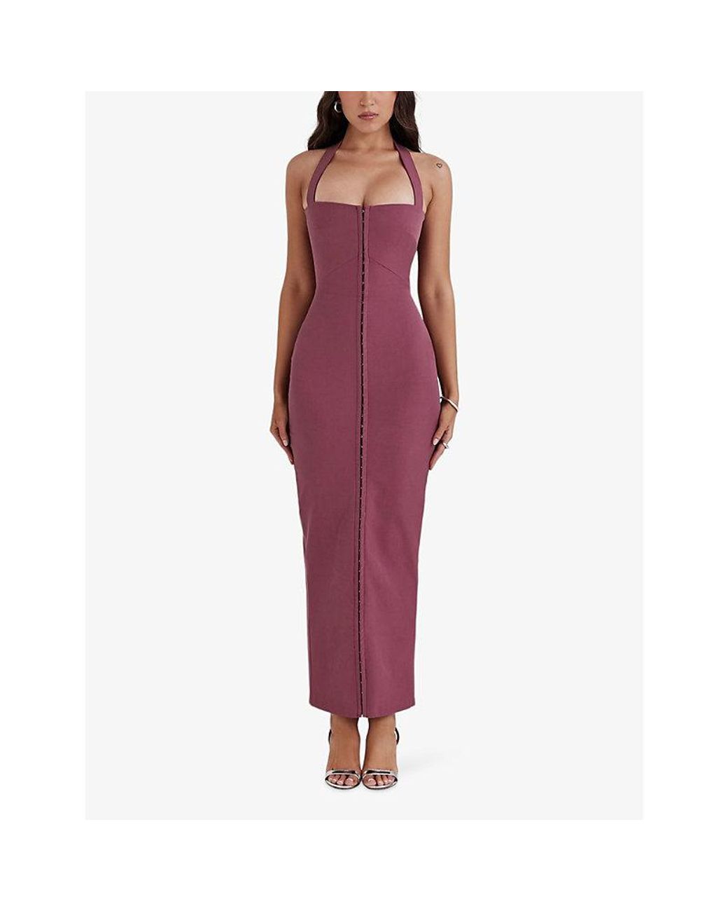 House Of Cb Purple Mia Halter-Neck Body-Con Woven Maxi Dress