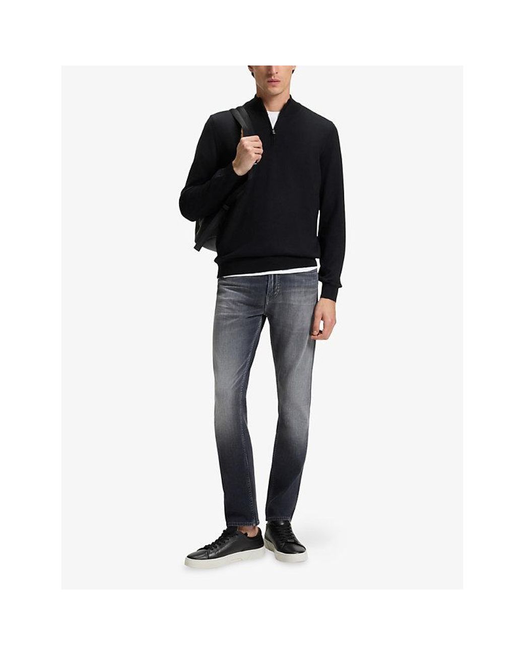 Boss Black Zip-Neck Regular-Fit Wool-Knitted Jumper for men