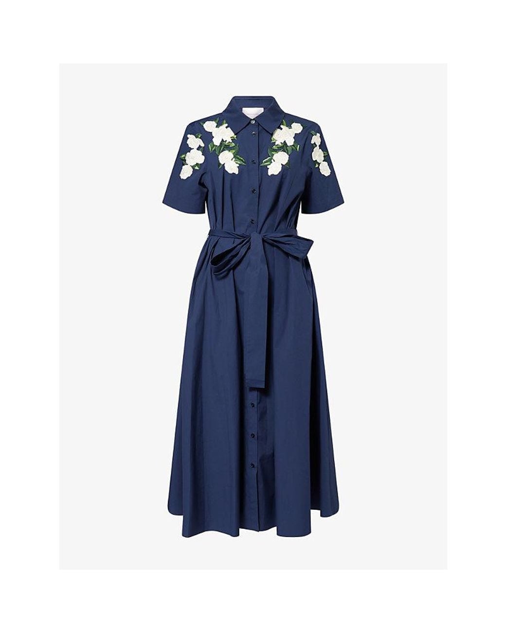 Carolina Herrera Blue Floral-Embroidered Short-Sleeve Cotton-Blend Midi Dress