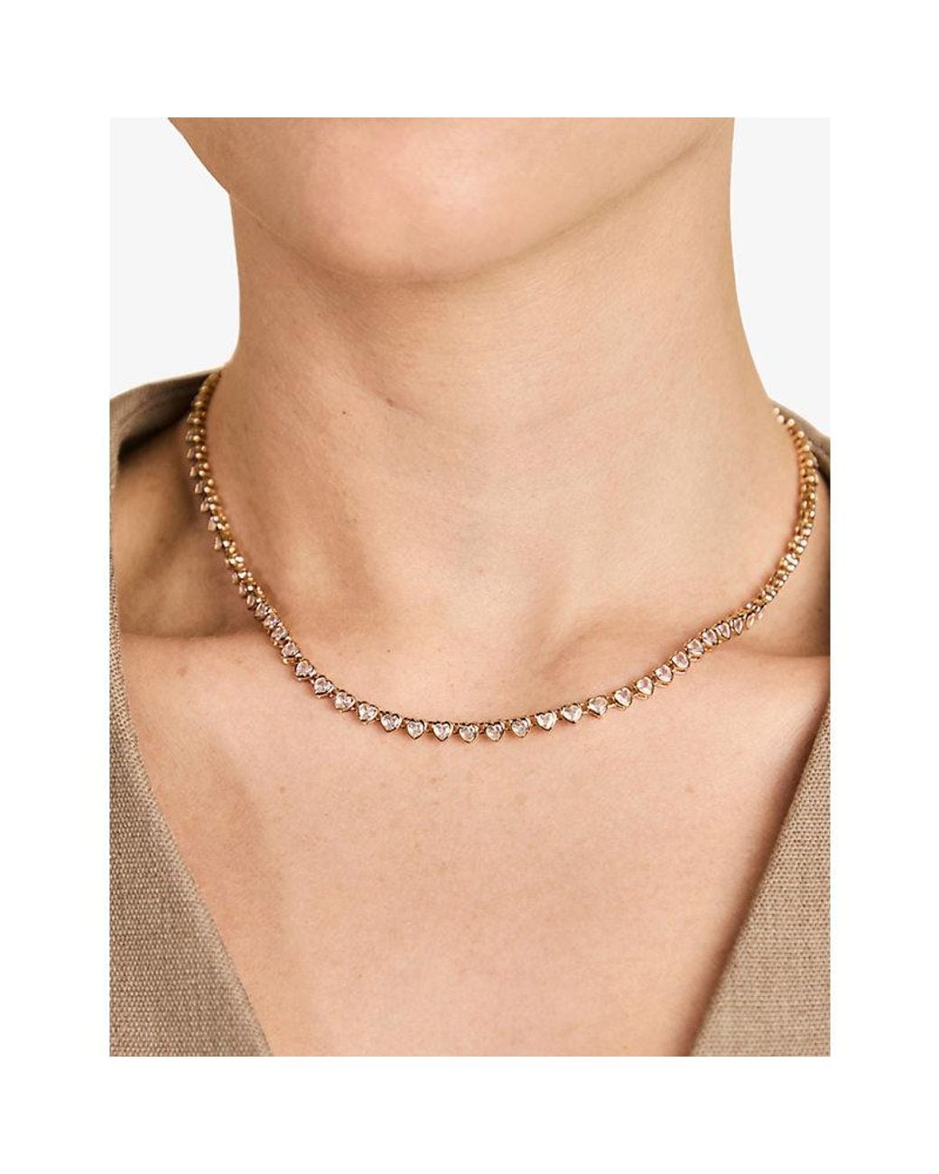 Astrid & Miyu Metallic Bezel Heart 18Ct-Plated Brass And Cubic Zirconia Tennis Necklace