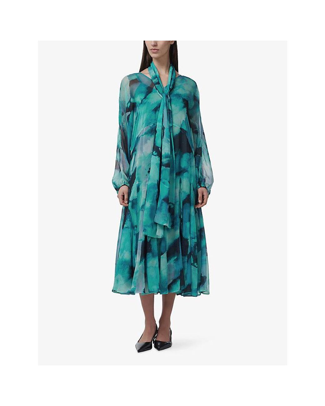 eem Blue Scarf Blurred-Print Woven Midi Dress