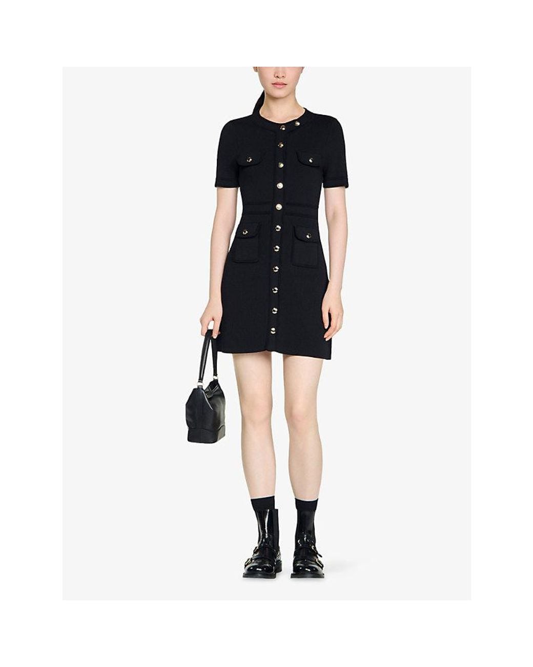 Sandro Black Short-Sleeved Button-Up Knitted Mini Dress