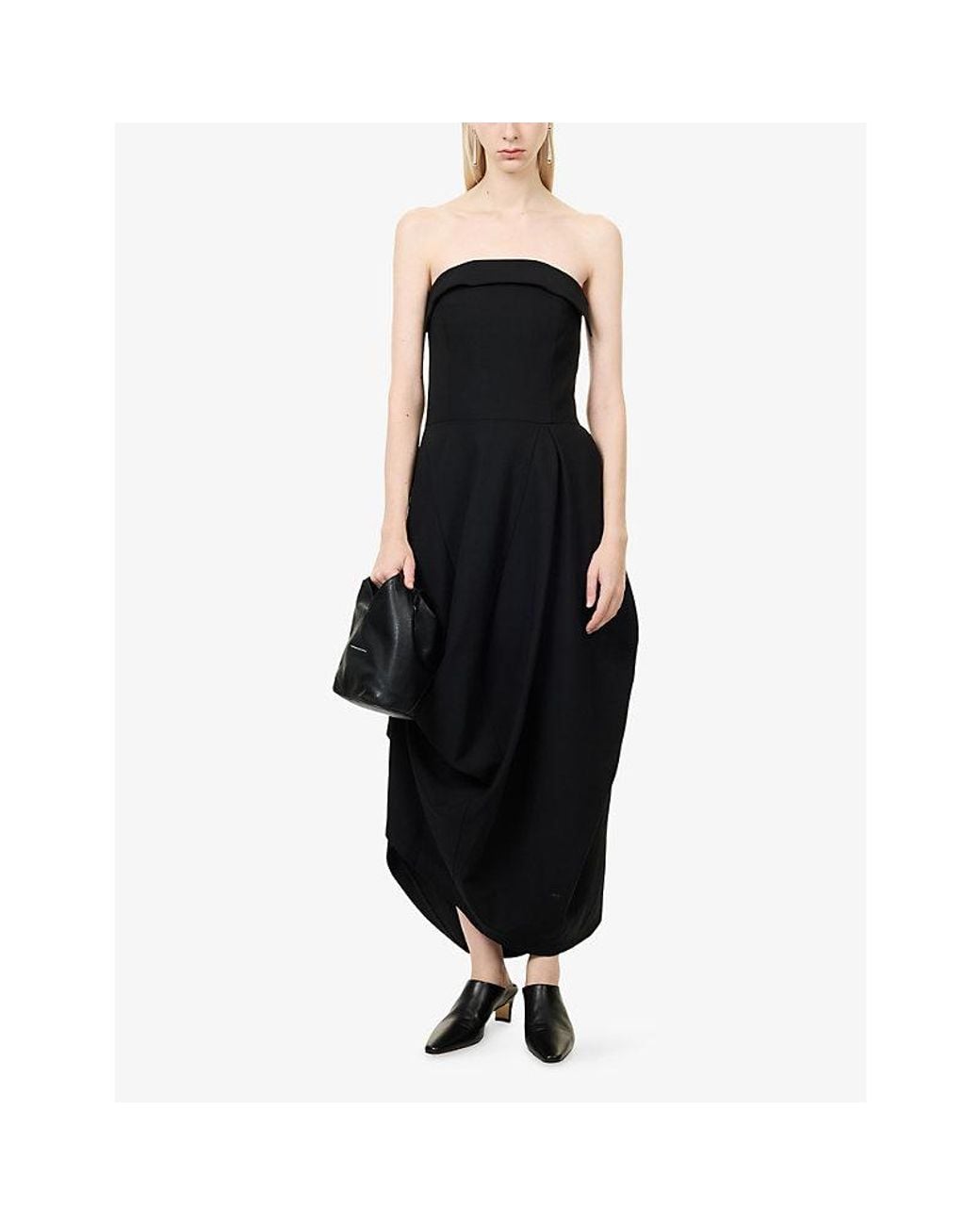 Ashlyn Black Evelin Asymmetric Draped Wool Dress