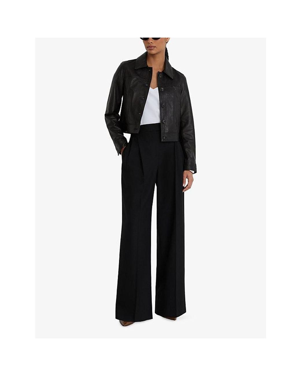 Reiss Black Callie Cropped Leather Jacket