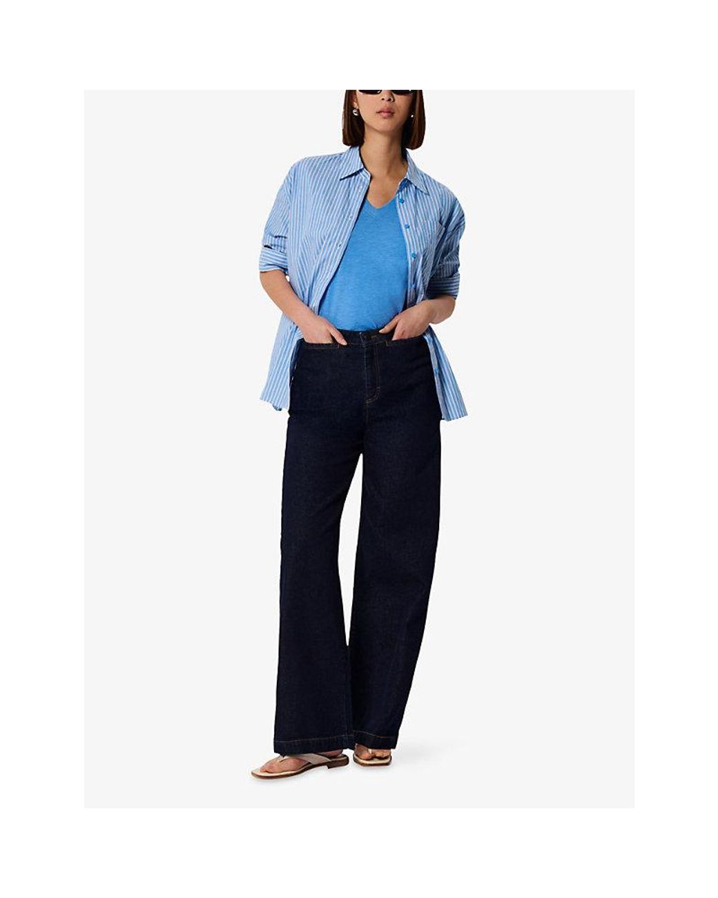 Whistles Blue Willa V-Neck Cotton-Jersey T-Shirt