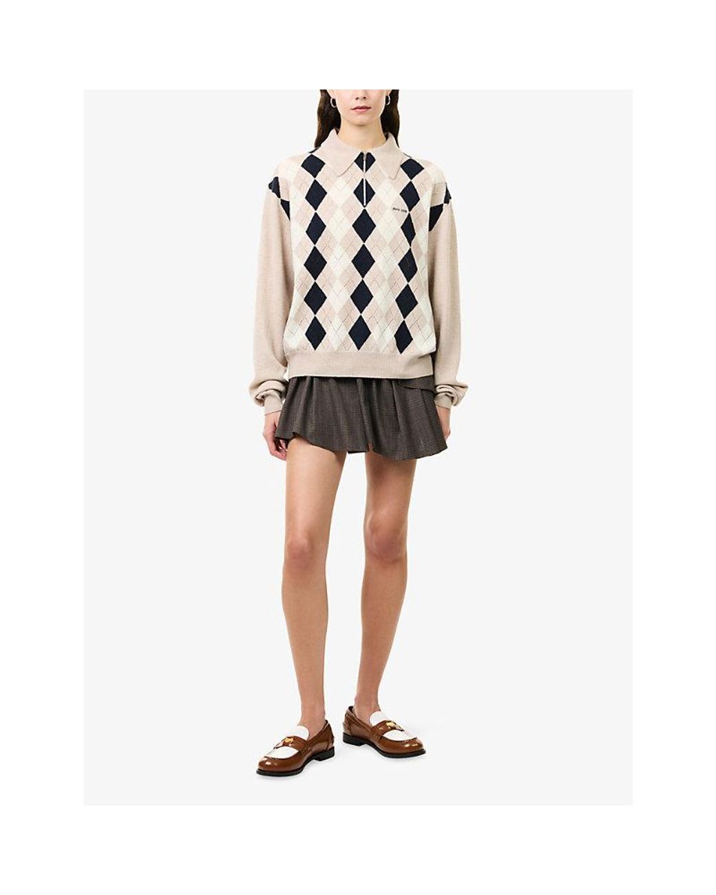 Miu Miu Natural Argyle Long-Sleeve Cashmere Polo Top
