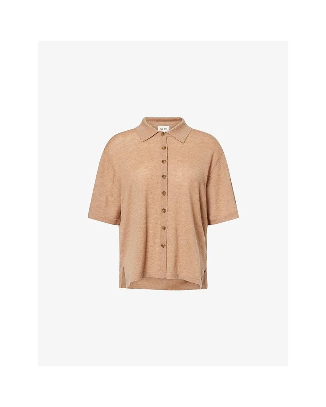 ME+EM Natural Classic-Collar Short-Sleeve Cashmere Top