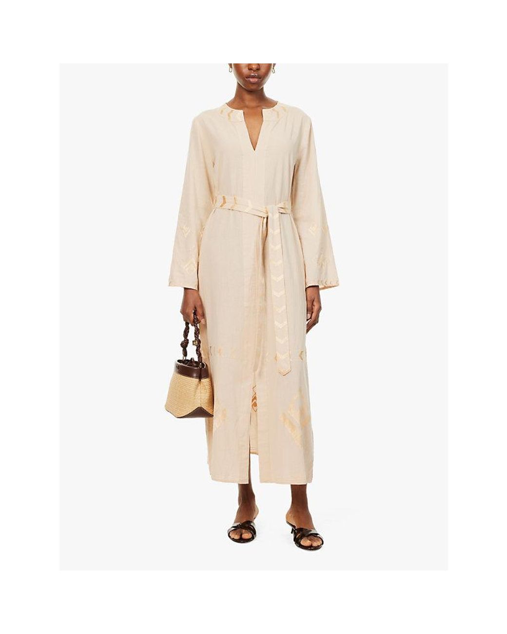 Aspiga Sand Matilda Metallic Embroidered Organic Cotton Midi Kaftan Dress in Natural Lyst UK