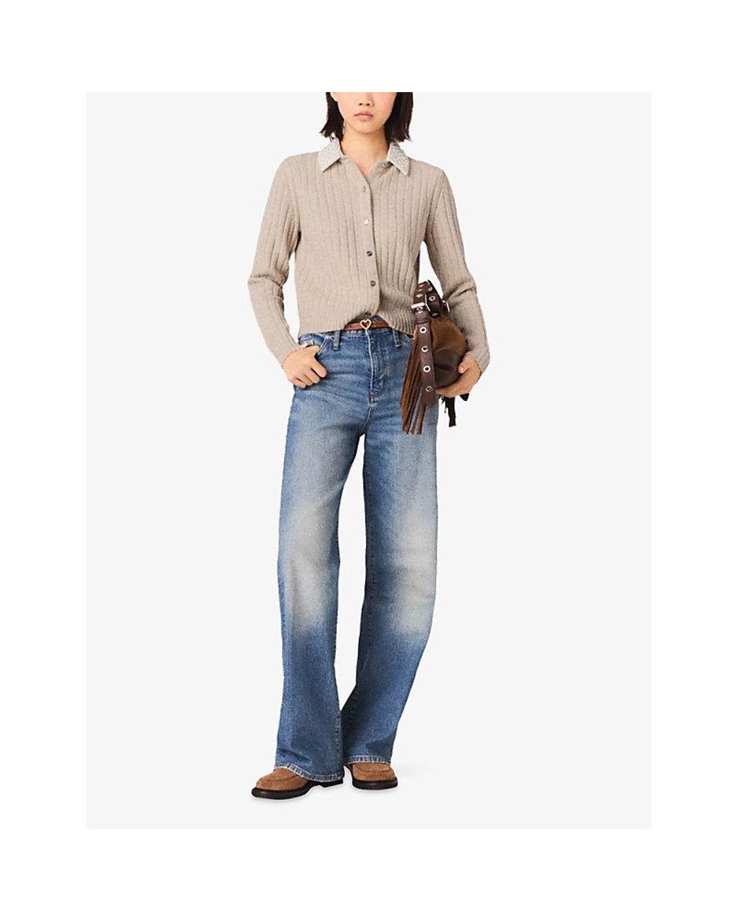 Maje Natural Beaded Removable-Collar Stretch Wool-Blend Cardigan