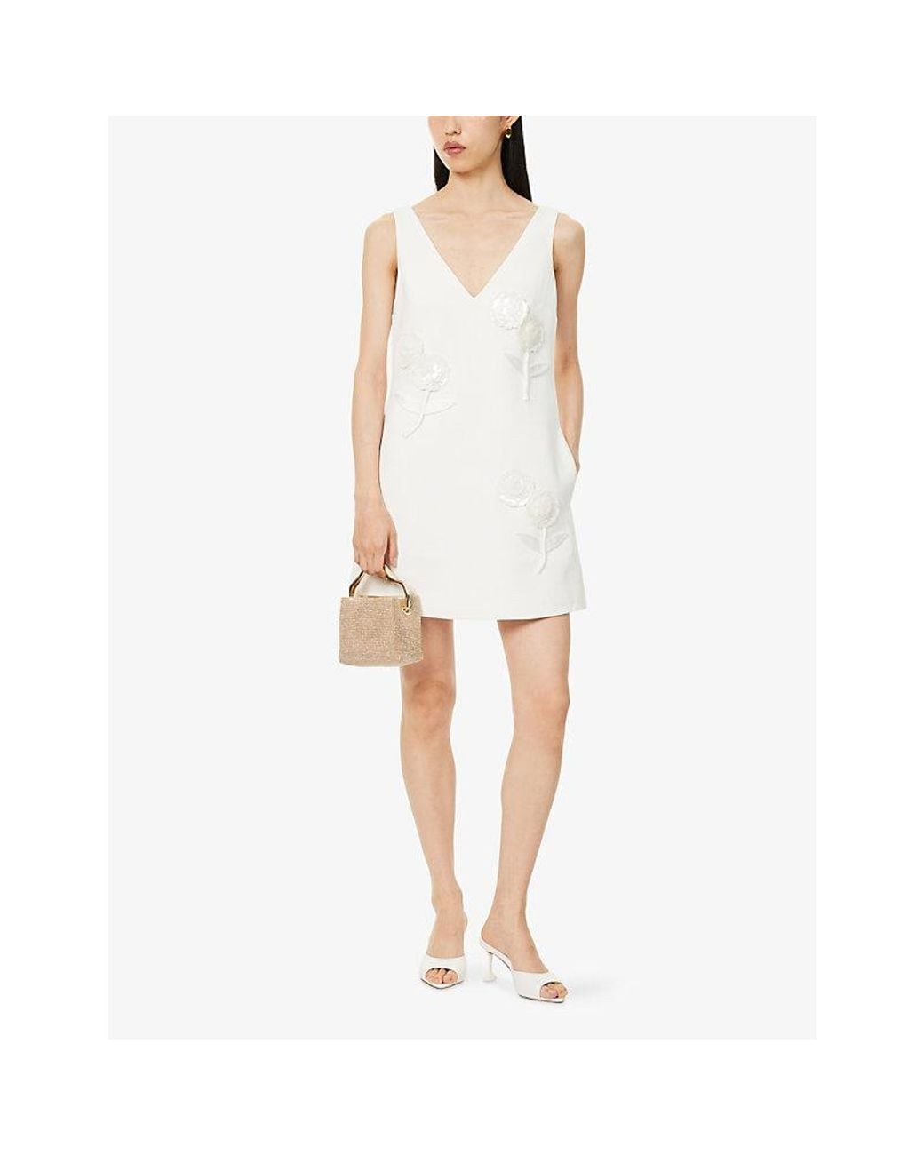 Self-Portrait White Floral-Embellished V-Neck Crepe Mini Dress
