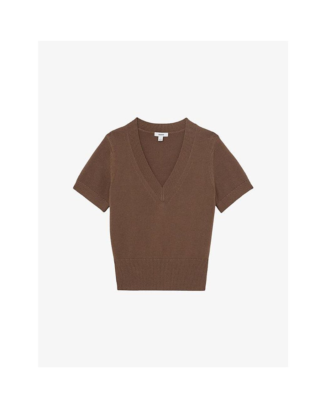 Reiss Brown Valerie V-Neck Cotton And Wool-Blend Knitted Top