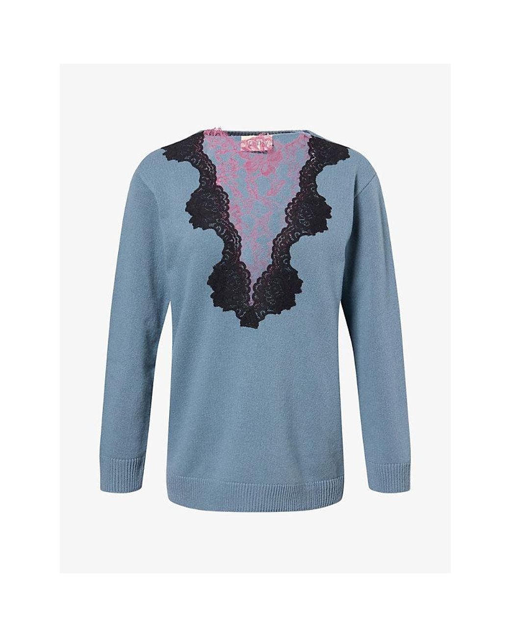 Valentino Blue Maglia Lace-Insert Wool Jumper