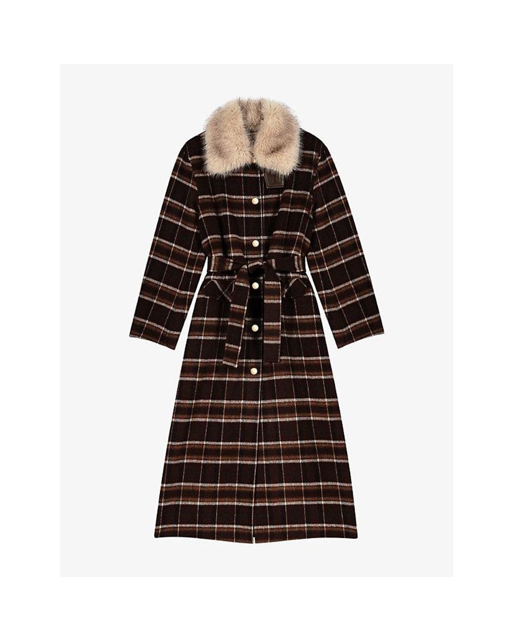 Maje Black Checked Contrast-Collar Wool-Blend Coat