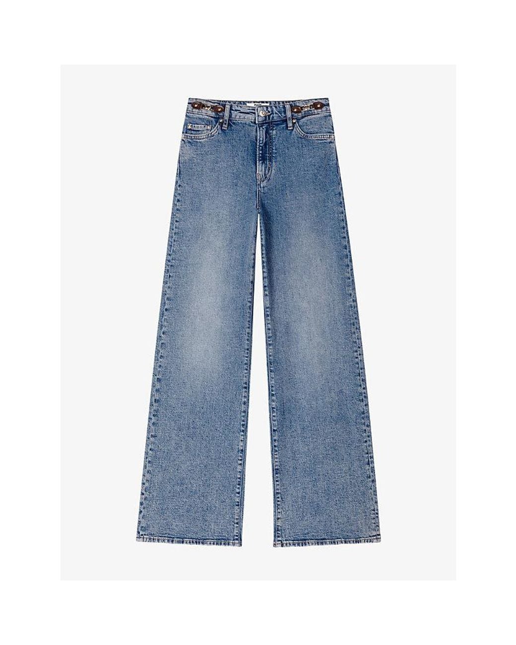 Maje Blue Leather-Buckle Wide-Leg High-Rise Jeans