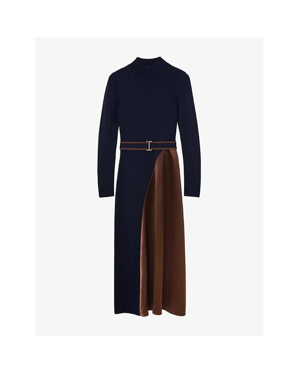 Reiss Blue Misty Satin-Panel Knitted Midi Dress