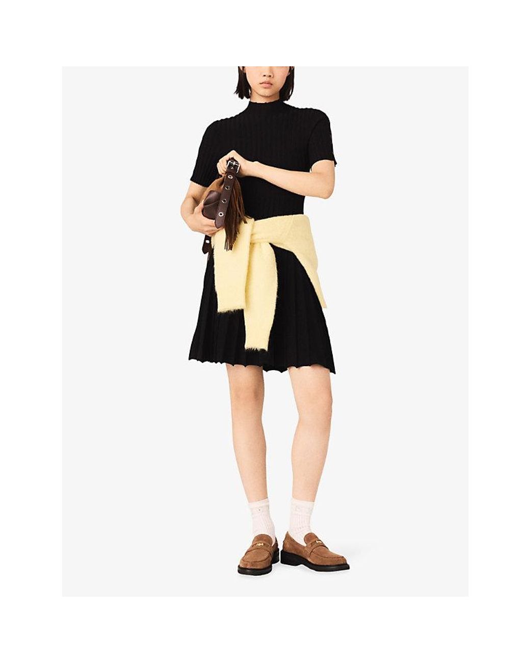 Maje Black Short-Sleeved Ribbed Knitted Mini Dress