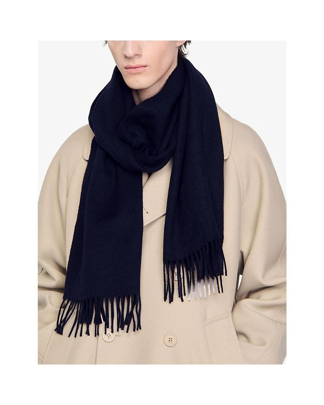 Sandro Blue Fringed-Trim Wool And Cashmere-Blend Scarf for men