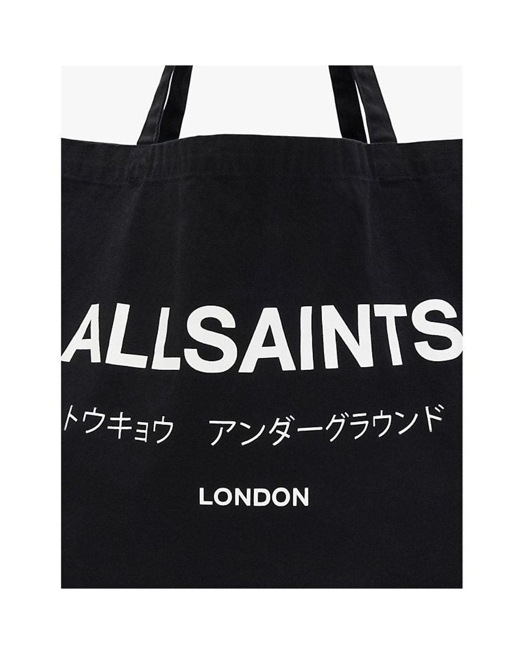 AllSaints Black Underground Logo-Print Cotton Tote Bag for men