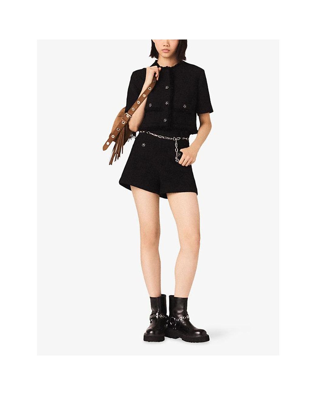 Maje Black Belted-Waist High-Rise Tweed Shorts