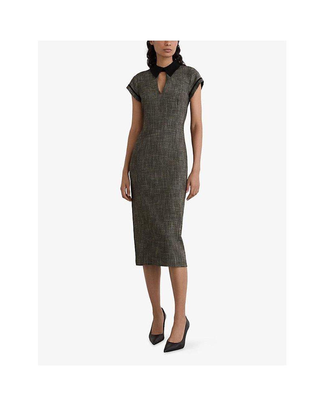 Reiss Black Ava Tailored Contrast-Collar Stretch-Woven Midi Dress