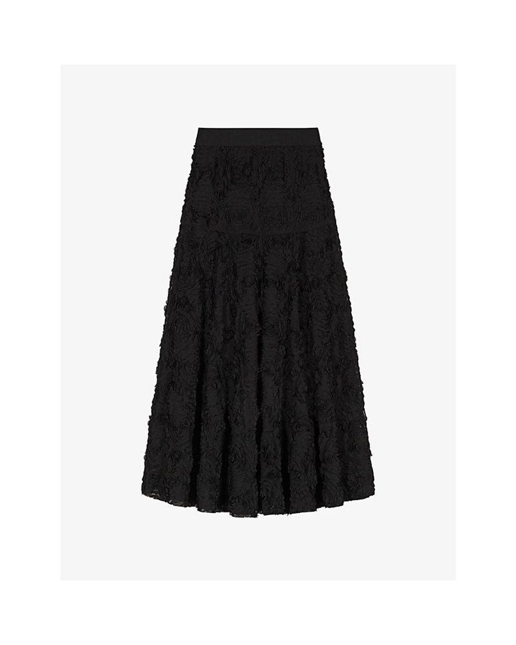 Maje Black Floral-Appliqué Elasticated-Waist Woven Maxi Skirt