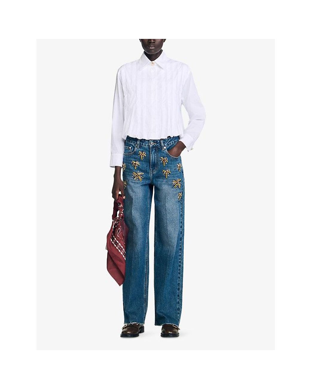Sandro White Pleated Cropped Cotton Shirt