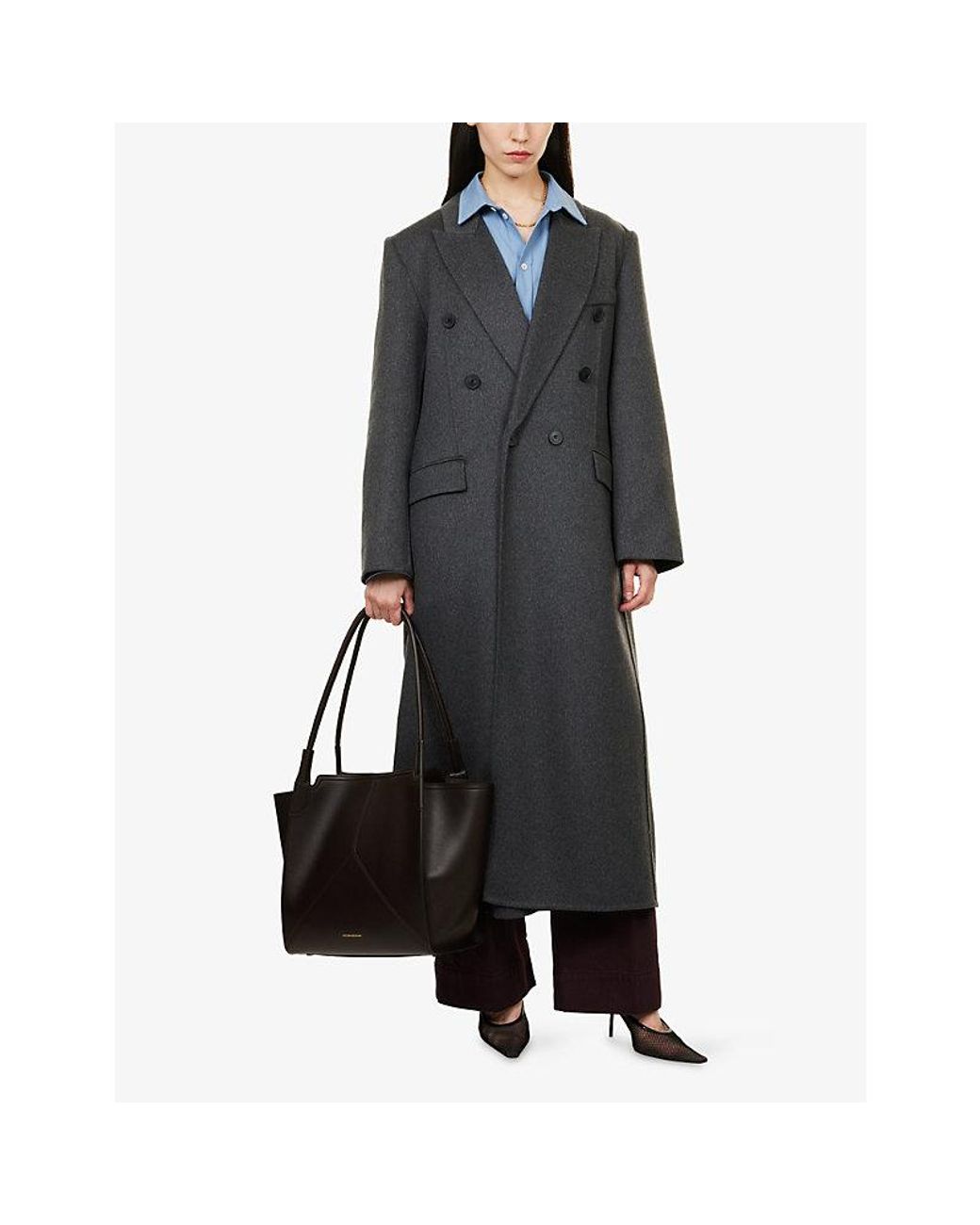 Victoria Beckham Gray Double-Breasted Wool-Blend Long Coat
