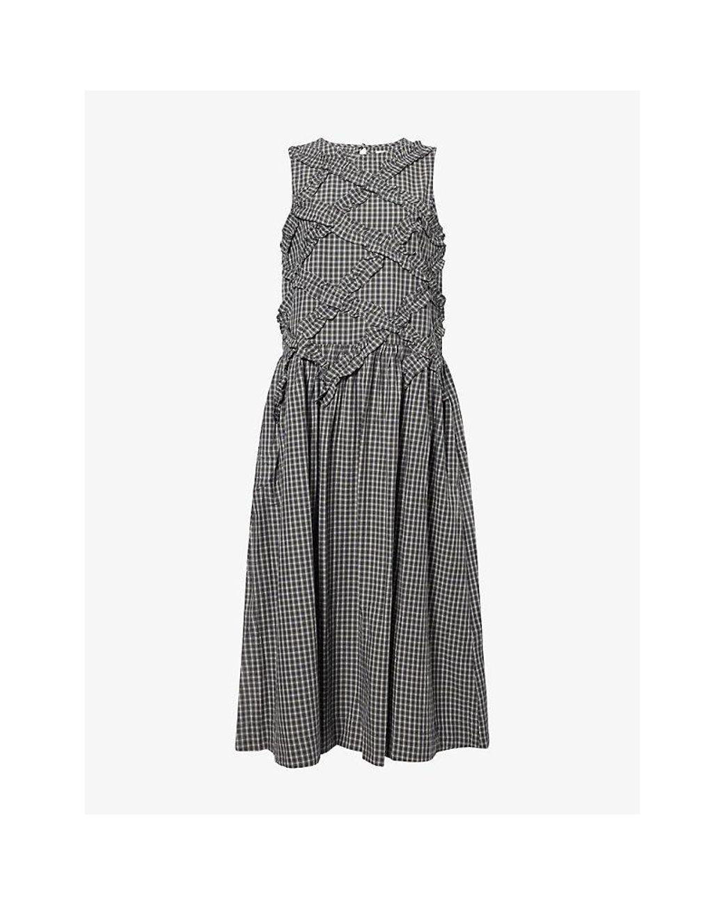 Damson Madder Gray Elora Check-Print Cotton Midi Dress