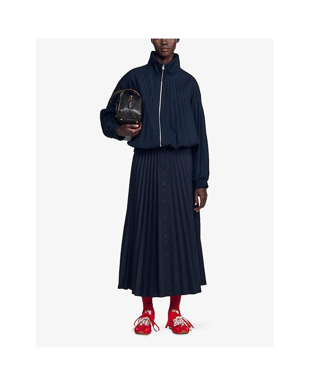 Sandro Blue Pleated Zip-Up Wool-Blend Jacket