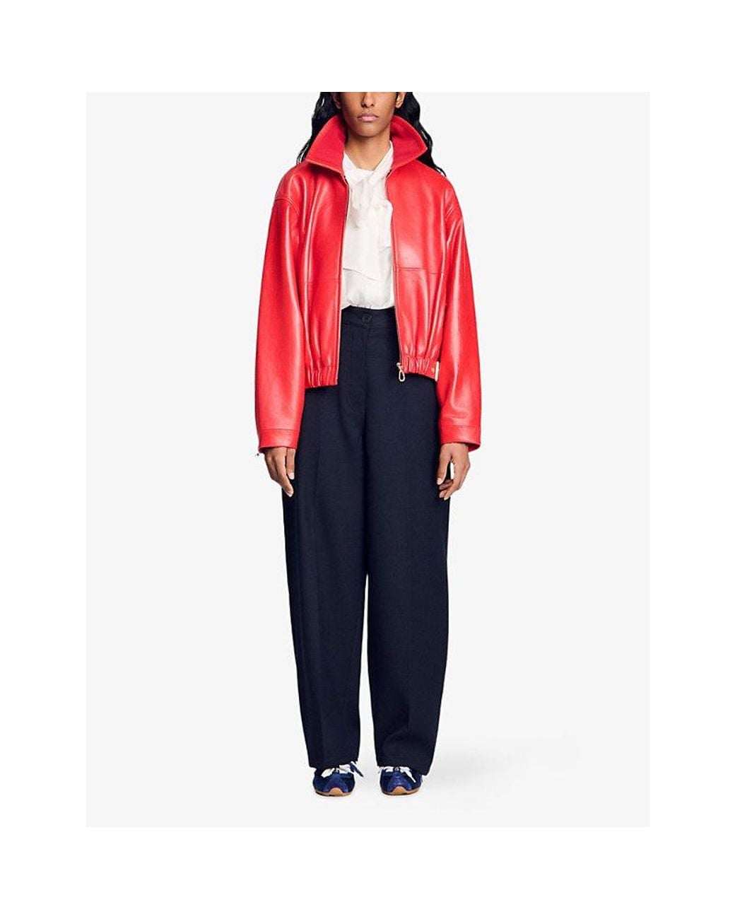 Sandro Red Elasticated-Hem Leather Jacket