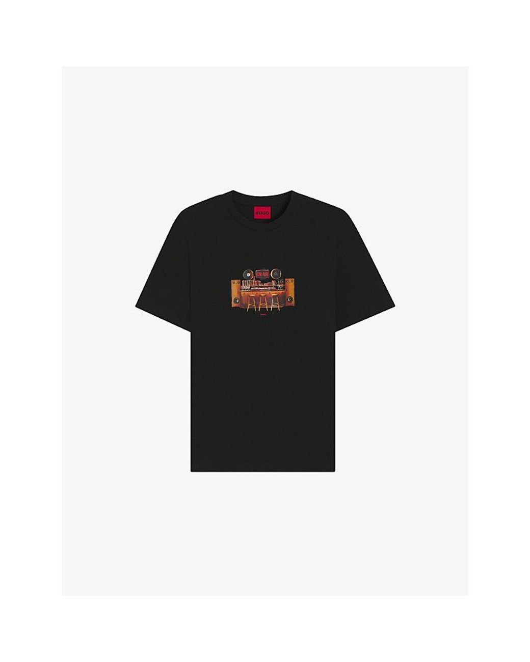 HUGO Black Artwork-Print Short-Sleeved Cotton-Jersey T-Shirt for men