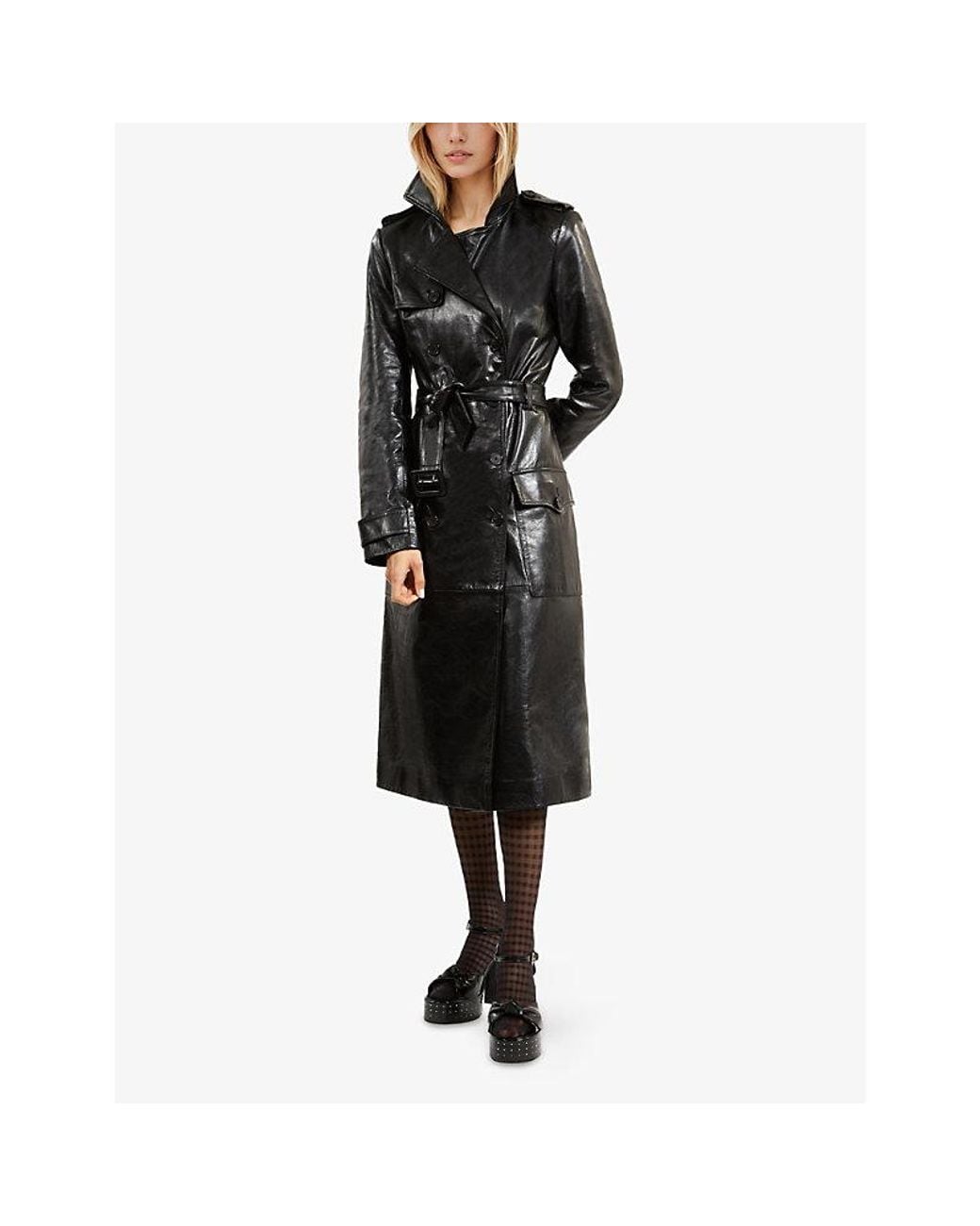 The Kooples Black Notched-Lapel Detachable-Belt Regular-Fit Leather Coat