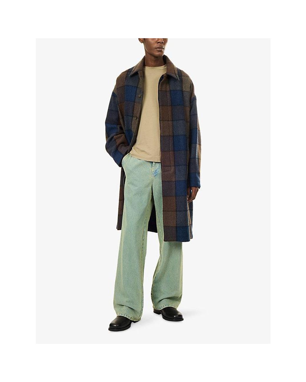 Song For The Mute Blue Coach Check Long Wool Coat for men